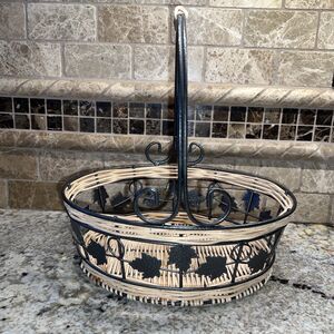 Vintage Woven Wicker Basket Twisted Wrought Iron Leaves Handle & Frame Oval